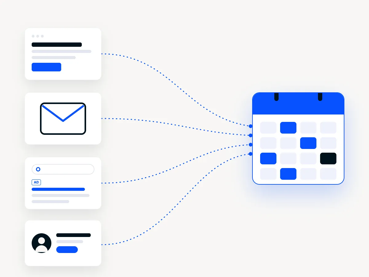 Illustration: a landing page, email, search ad and profile all feeding one booking calendar