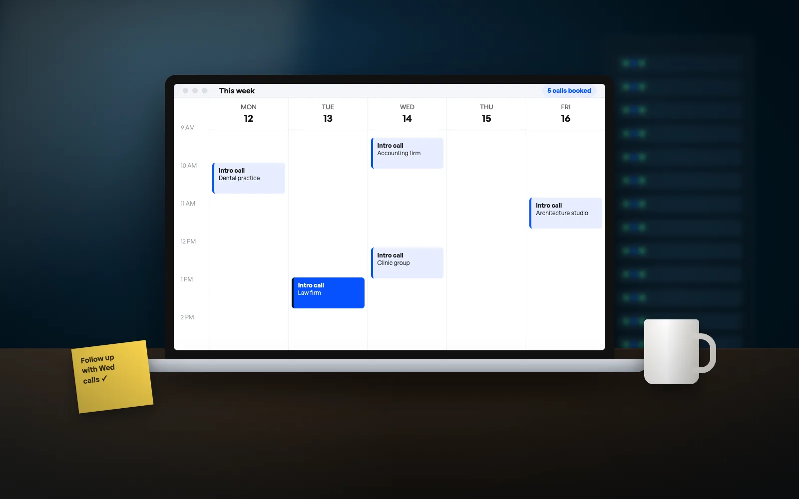 Illustration: a laptop showing a week of booked intro calls