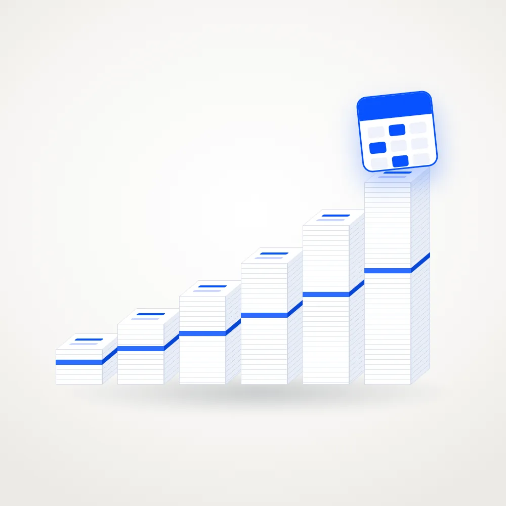 Illustration: stacks of monthly invoices growing taller, topped by a calendar